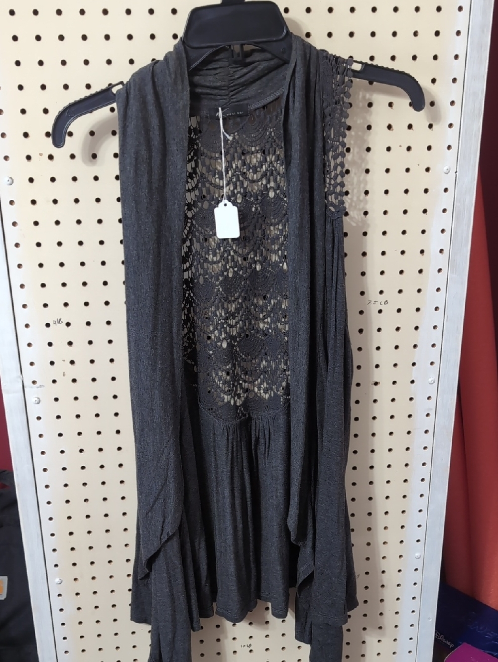 West Kei Charcoal Crochet Lace Sleeveless Cardigan